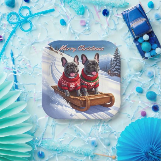 Franse Bulldog Sled Ride Kerstmis Papieren Bordje (Feest)
