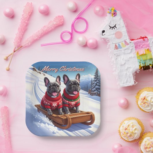 Franse Bulldog Sled Ride Kerstmis Papieren Bordje (Feest)