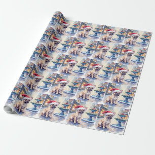Franse Bulldog Sneeuwstad Fontein Kerstman Kerstmi Cadeaupapier