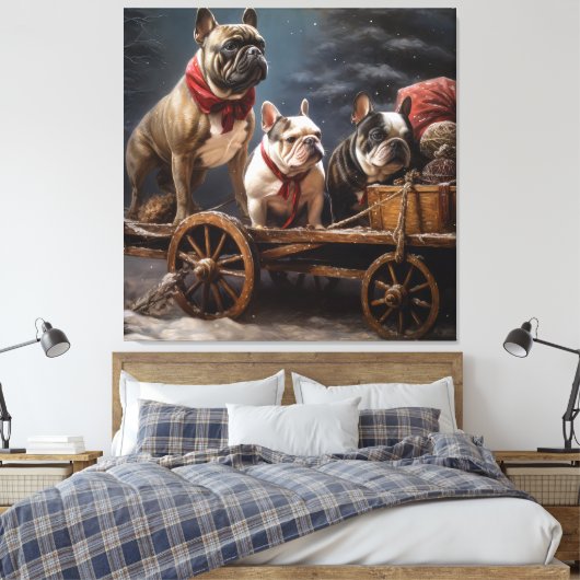 Franse Bulldog Snowy Sleigh Kerst Decor Canvas Afdruk (Insitu (Slaapkamer))