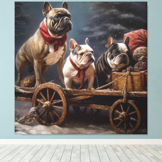 Franse Bulldog Snowy Sleigh Kerst Decor Canvas Afdruk (Insitu (Houten vloer))