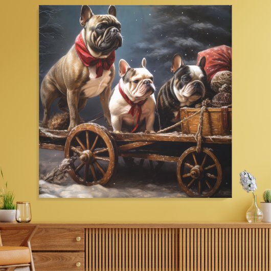 Franse Bulldog Snowy Sleigh Kerst Decor Canvas Afdruk (Insitu (Woonkamer))