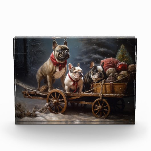 Franse Bulldog Snowy Sleigh Kerst Decor Fotoblokken (Voorkant)