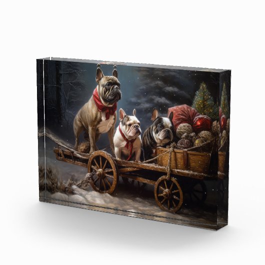 Franse Bulldog Snowy Sleigh Kerst Decor Fotoblokken (Rechts)