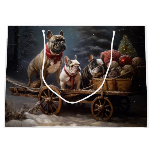 Franse Bulldog Snowy Sleigh Kerst Decor Groot Cadeauzakje (Voorkant)