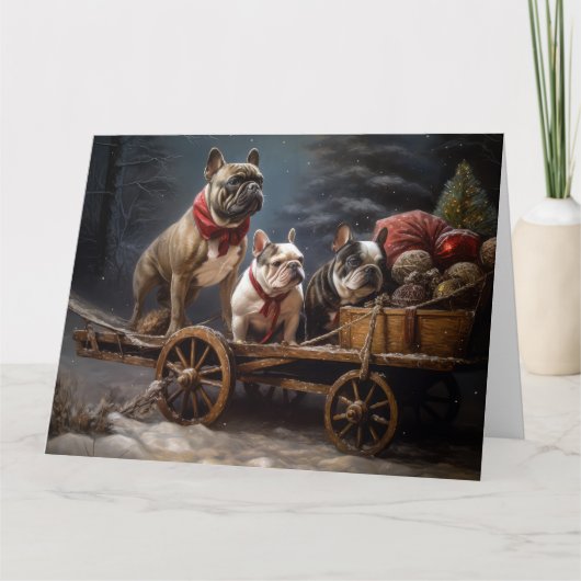 Franse Bulldog Snowy Sleigh Kerst Decor Kaart (Voorkant)