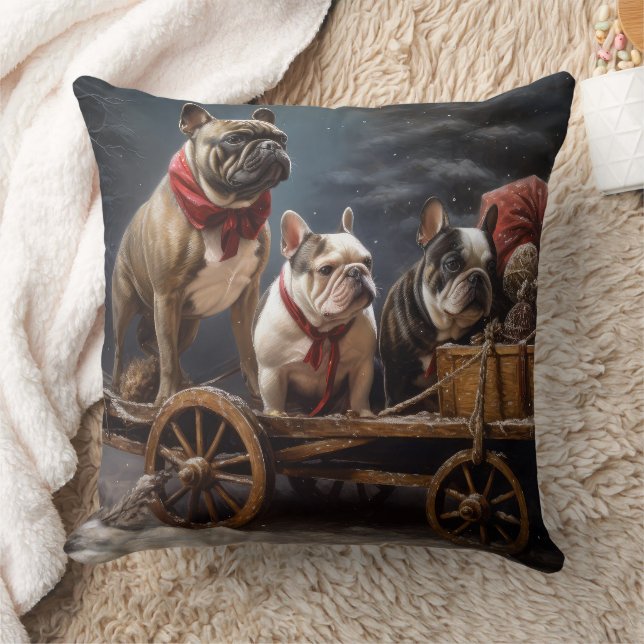 Franse Bulldog Snowy Sleigh Kerst Decor Kussen (Deken)