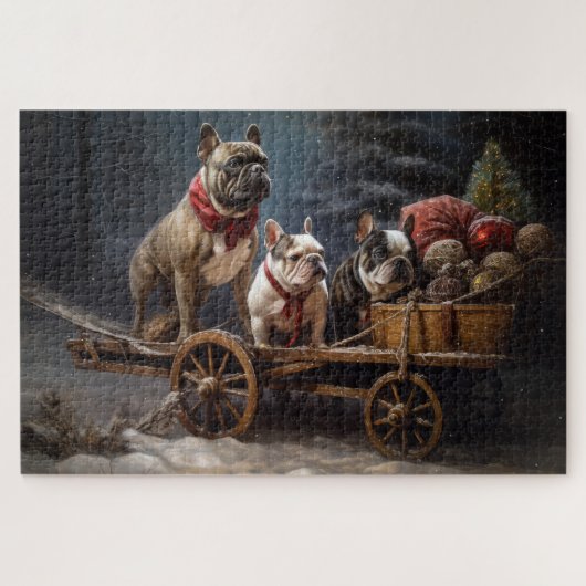 Franse Bulldog Snowy Sleigh Kerst Decor Legpuzzel (Horizontaal)