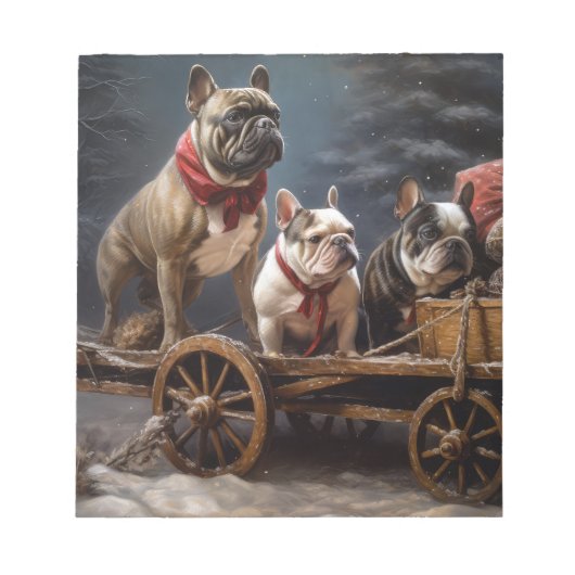 Franse Bulldog Snowy Sleigh Kerst Decor Notitieblok (Voorkant)