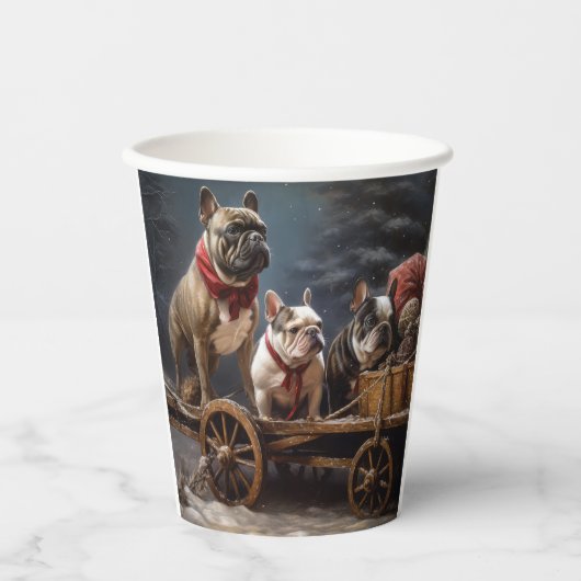Franse Bulldog Snowy Sleigh Kerst Decor Papieren Bekers (Voorkant)
