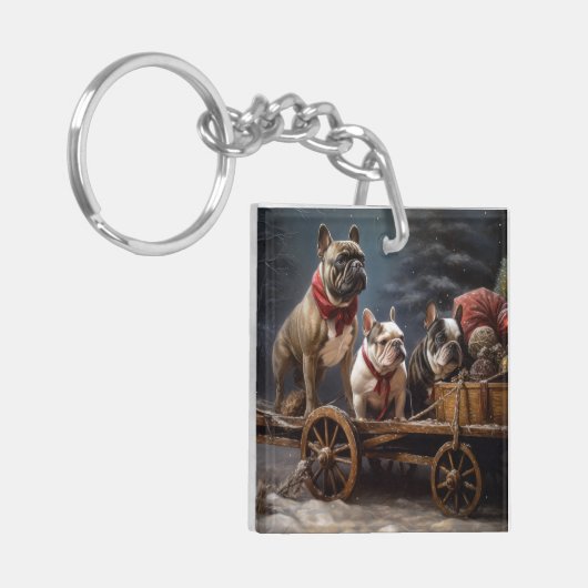 Franse Bulldog Snowy Sleigh Kerst Decor Sleutelhanger (Voorkant Links)