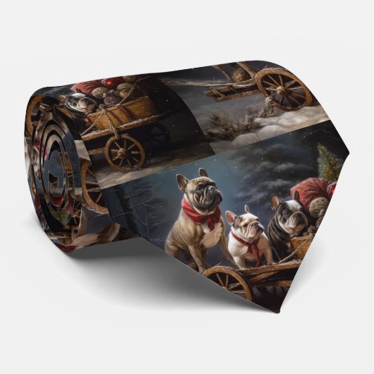 Franse Bulldog Snowy Sleigh Kerst Decor Stropdas (Opgerold)