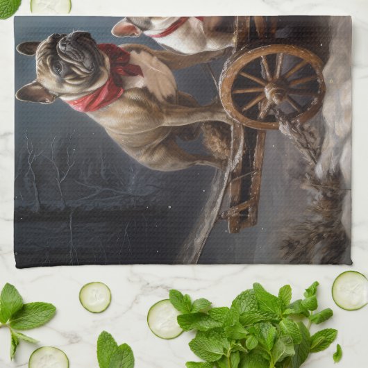 Franse Bulldog Snowy Sleigh Kerst Decor Theedoek (Gevouwen)
