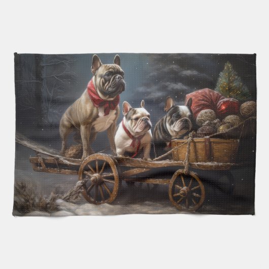 Franse Bulldog Snowy Sleigh Kerst Decor Theedoek (Horizontaal)