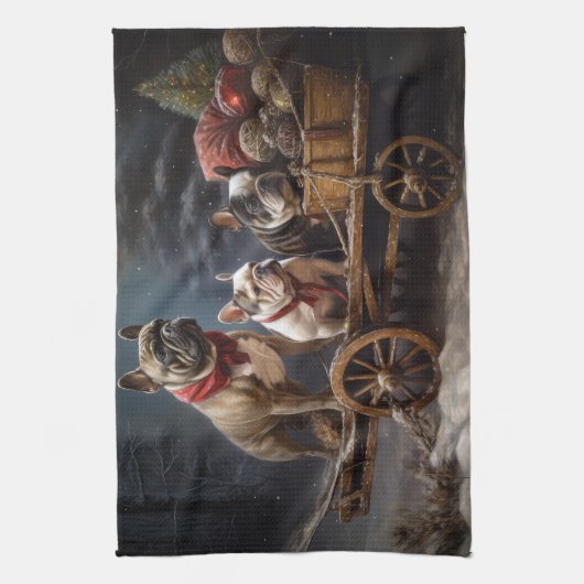 Franse Bulldog Snowy Sleigh Kerst Decor Theedoek (Verticaal)