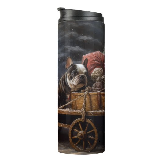 Franse Bulldog Snowy Sleigh Kerst Decor Thermosbeker (Geroteerd rechts)