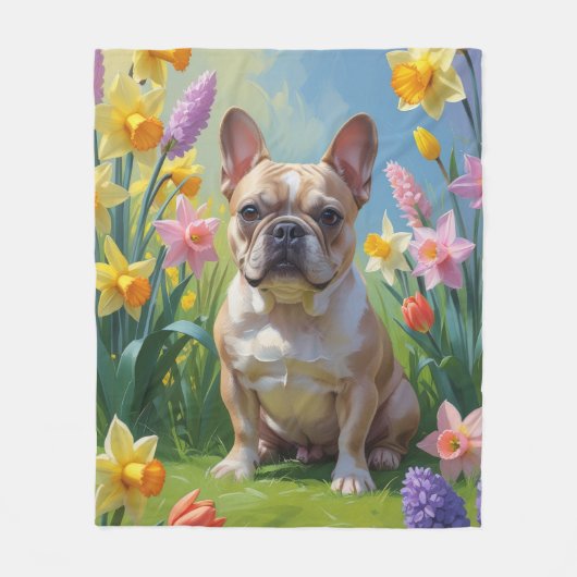 Franse Bulldog Spring Bloemen Schilderen Fleece Deken (Voorkant)