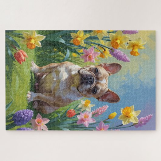 Franse Bulldog Spring Bloemen Schilderen Legpuzzel (Horizontaal)