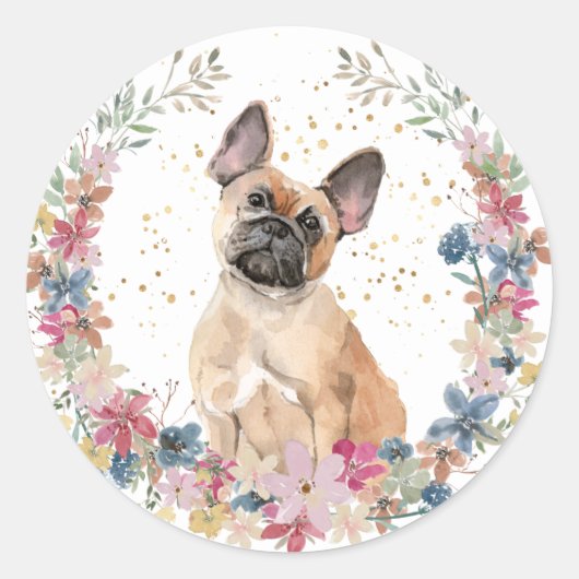Franse Bulldog Spring Flowers Wreath Ronde Sticker (Voorkant)