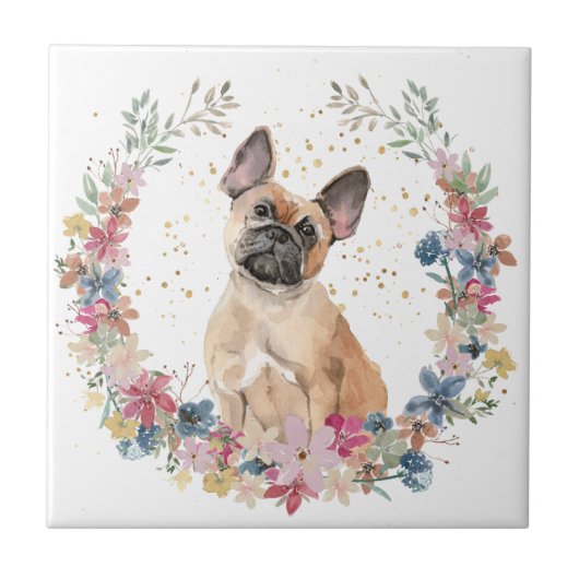 Franse Bulldog Spring Flowers Wreath Tegeltje (Voorkant)