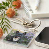 Franse Bulldog Stands in Flowers Sleutelhanger (Voorkant Rechts)