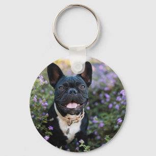 Franse Bulldog Stands in Flowers Sleutelhanger