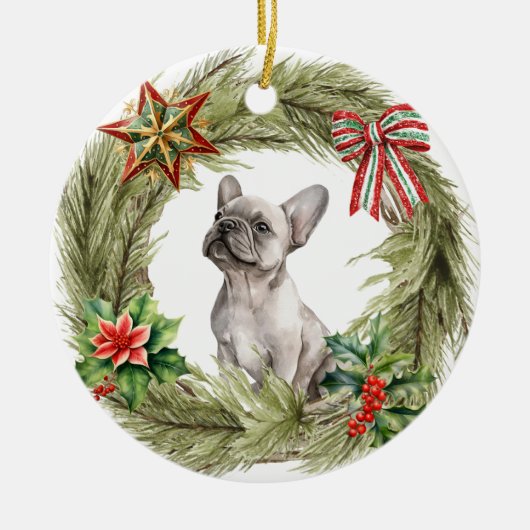 Franse Bulldog Star Bow Krans Keramisch Ornament (Voorkant)