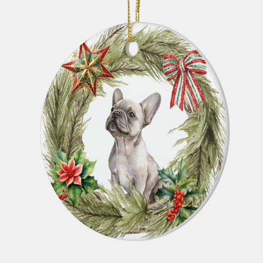 Franse Bulldog Star Bow Krans Keramisch Ornament (Links)