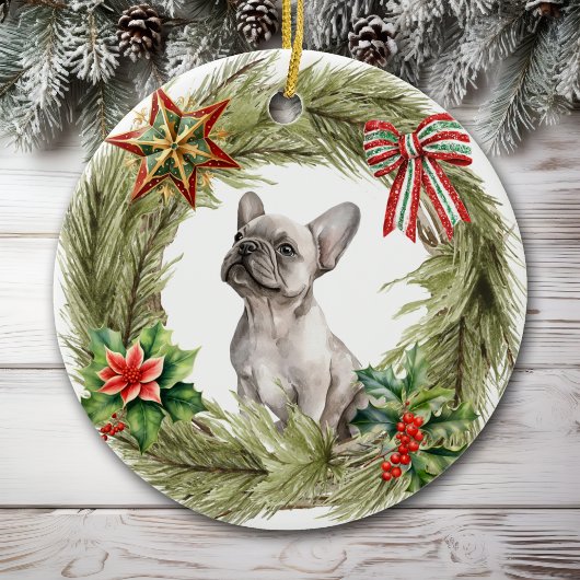 Franse Bulldog Star Bow Krans Keramisch Ornament