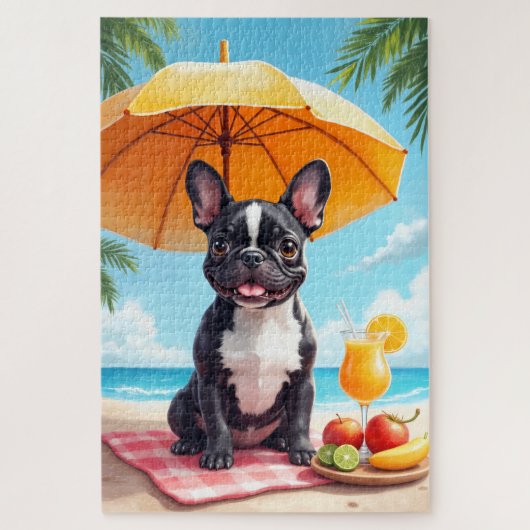 Franse Bulldog Strand Relax Scène Legpuzzel (Verticaal)