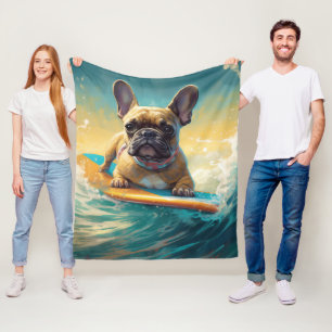 Franse Bulldog Strand Surfen Schilderij Fleece Deken