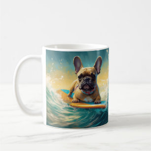 Franse Bulldog Strand Surfen Schilderij Koffiemok