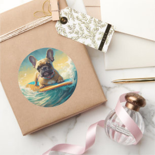 Franse Bulldog Strand Surfen Schilderij Ronde Sticker