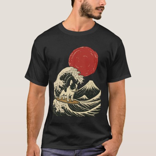 Franse Bulldog Surft Japans T-shirt (Voorkant)
