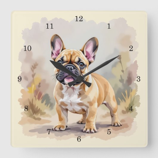 Franse Bulldog Tan Fawn-kleurige Schattigee French Vierkante Klok (Voorkant)