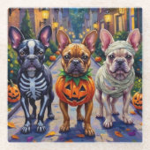Franse Bulldog Trick-or-Treating Halloween kostuum Glazen Onderzetter (Voorkant)