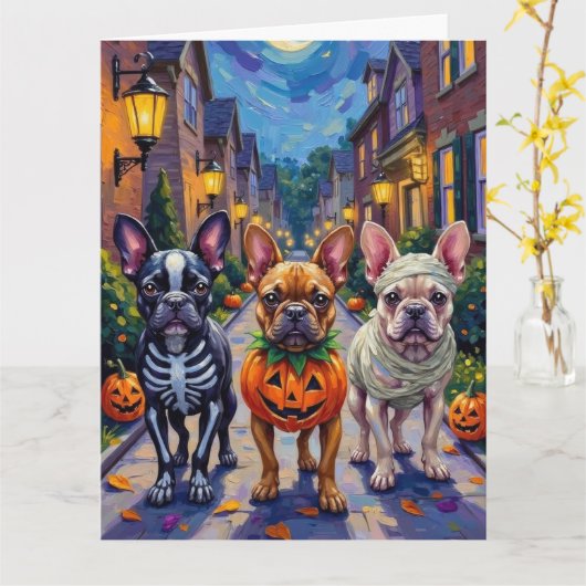 Franse Bulldog Trick-or-Treating Halloween kostuum Kaart (Gele Bloem)