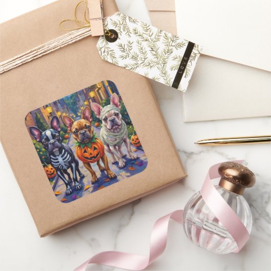 Franse Bulldog Trick-or-Treating Halloween kostuum Vierkante Sticker (Geschenken)