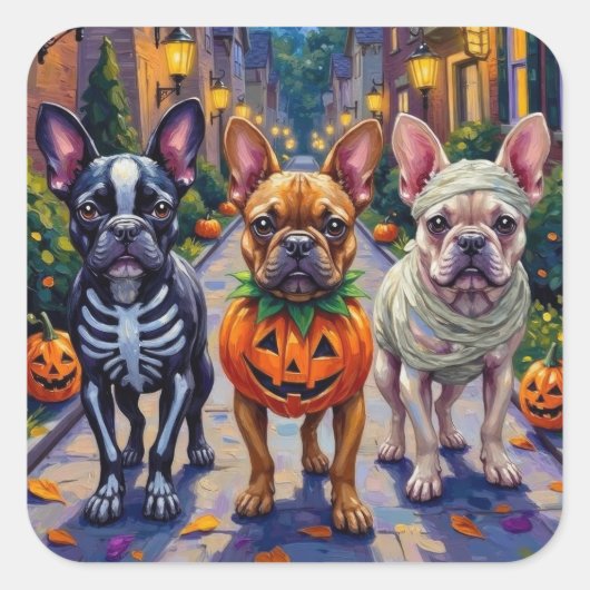 Franse Bulldog Trick-or-Treating Halloween kostuum Vierkante Sticker (Voorkant)