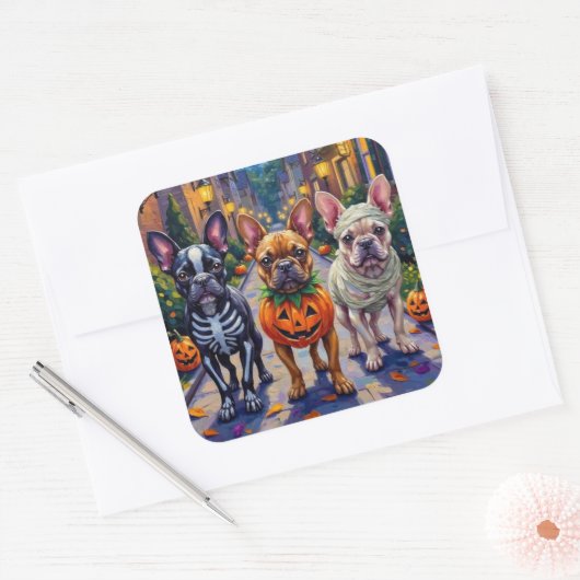 Franse Bulldog Trick-or-Treating Halloween kostuum Vierkante Sticker (Envelop)