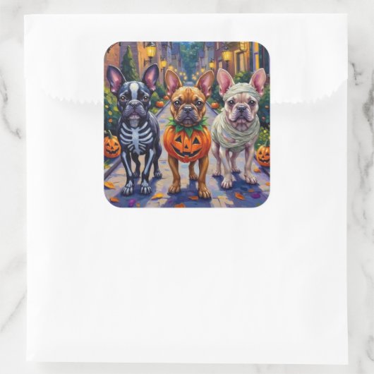 Franse Bulldog Trick-or-Treating Halloween kostuum Vierkante Sticker (Tas)