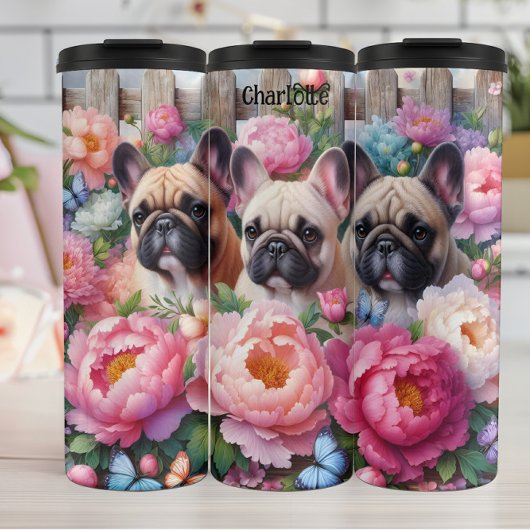 Franse Bulldog Trio: Bloemen, Vlindercharme Thermosbeker