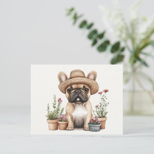 Franse Bulldog Tuinieren Bloempotten Briefkaart (Staand voorkant)