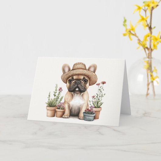 Franse Bulldog Tuinieren Bloempotten Kaart (Gele Bloem)