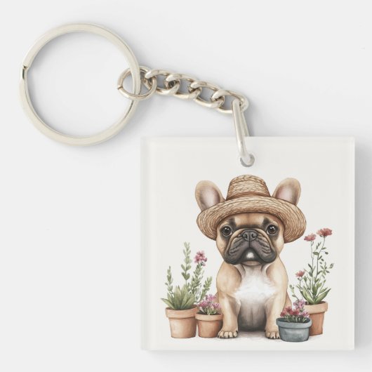 Franse Bulldog Tuinieren Bloempotten Sleutelhanger (Voorkant)