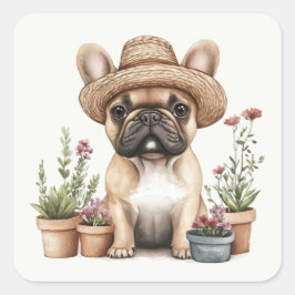 Franse Bulldog Tuinieren Bloempotten Vierkante Sticker