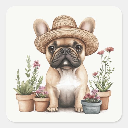 Franse Bulldog Tuinieren Bloempotten Vierkante Sticker (Voorkant)