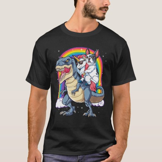 Franse Bulldog Unicorn Riding Dinosaur T Rex Gift T-shirt (Voorkant)