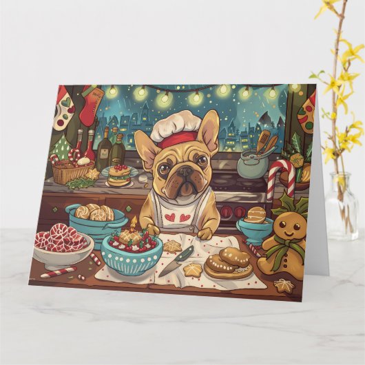 Franse Bulldog Vakantie Bakken: Feestelijke Kerstm Kaart (Gele Bloem)