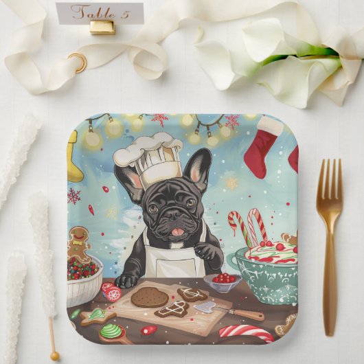Franse Bulldog Vakantie Bakken: Feestelijke Kerstm Papieren Bordje (Huwelijk)
